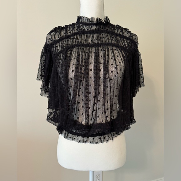 Free People Disco Ball Black Polka Dot Mesh Overlay Peplum Top Sz XS - Picture 2 of 5